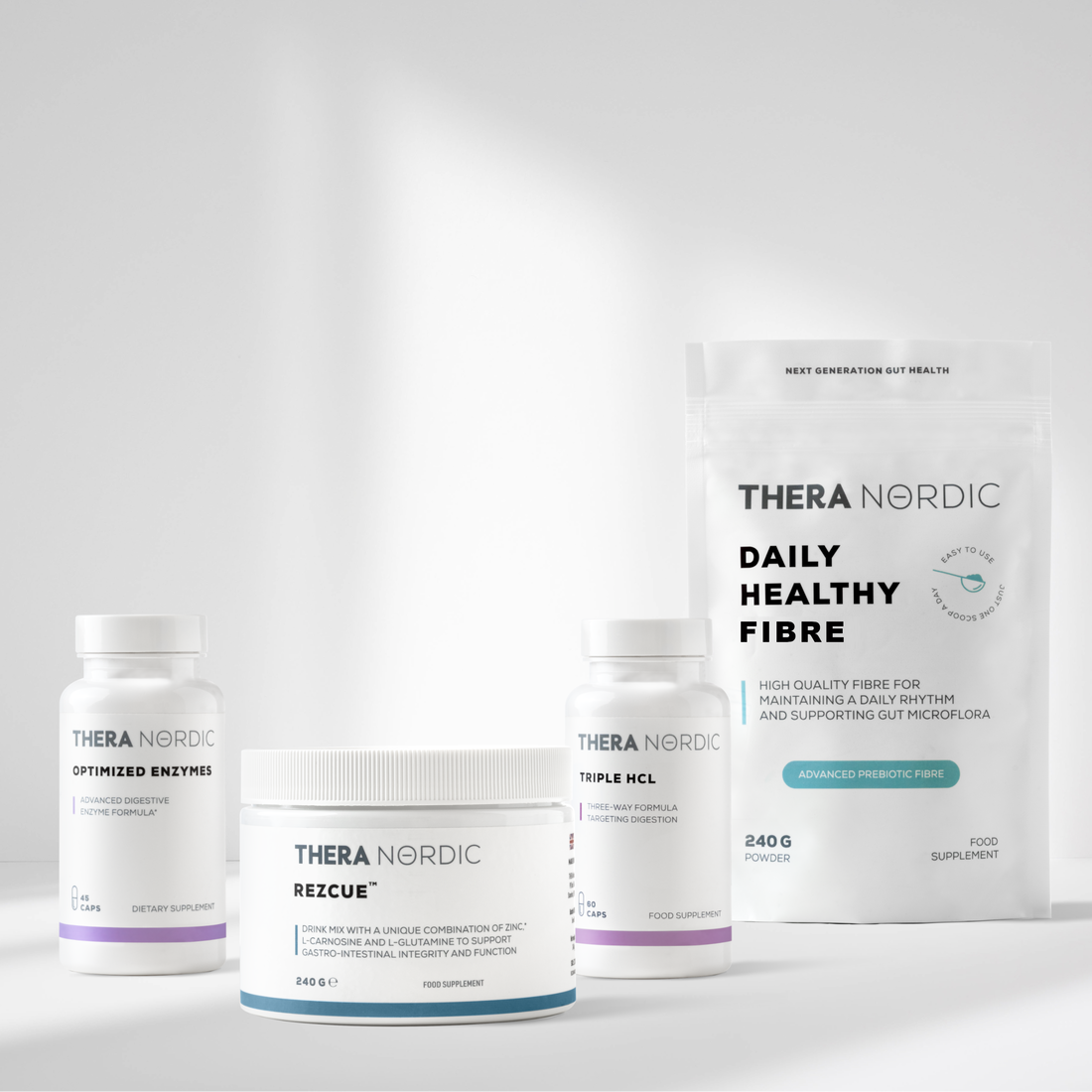 THERA Nordic supplement range displayed on a clean, minimal surface